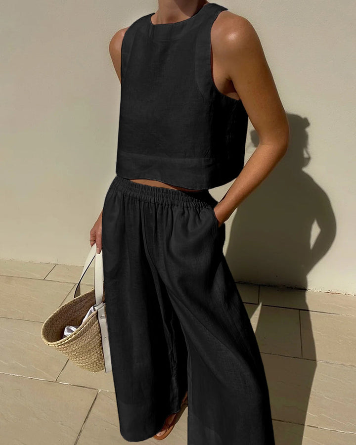 Isla | Women's Linen Crop Top And Pants Set