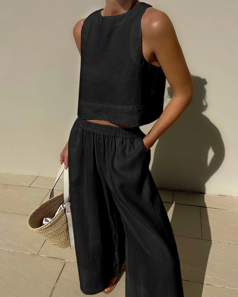 Liora | Women's Linen Crop Top And Wide Leg Pants Set