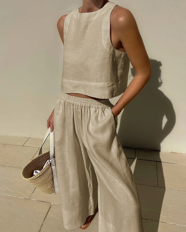 Isla | Women's Linen Crop Top And Pants Set