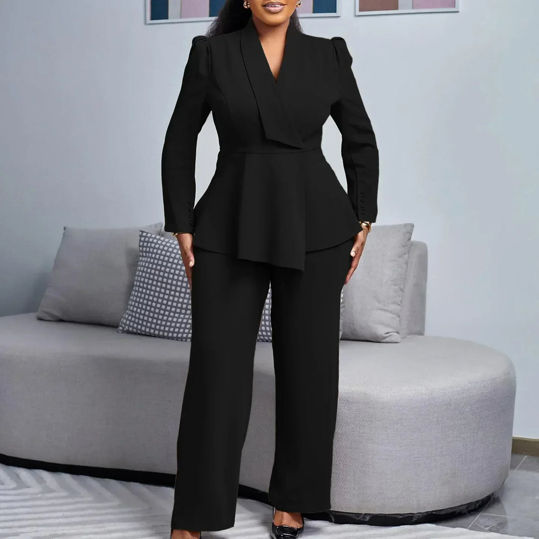 Nerina | Women's V-Neck Peplum Top & Wide-Leg Trouser Set