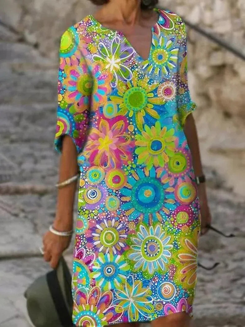 Solara | Women's Vibrant Floral V-Neck Shift Dress