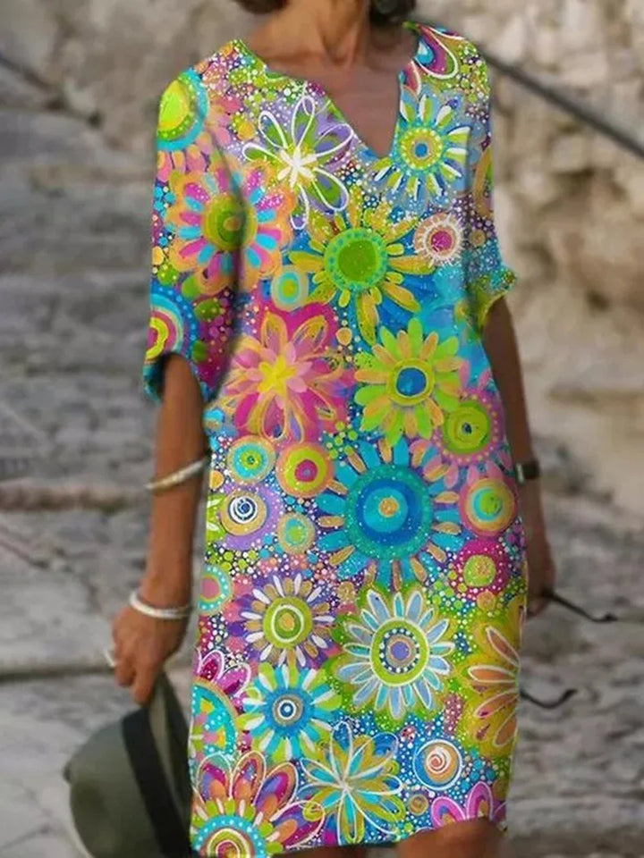 Solara | Women's Vibrant Floral V-Neck Shift Dress