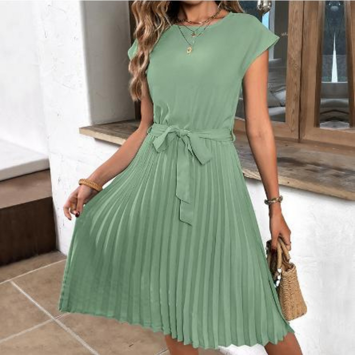 Mirela | Women's Flowing Pleated Midi Dress With Waist Tie
