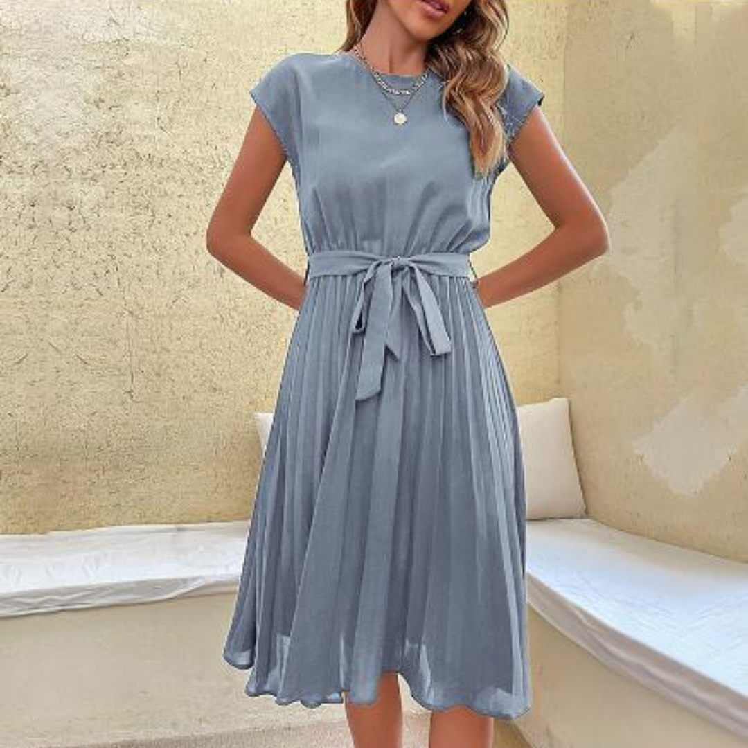Mirela | Women's Flowing Pleated Midi Dress With Waist Tie