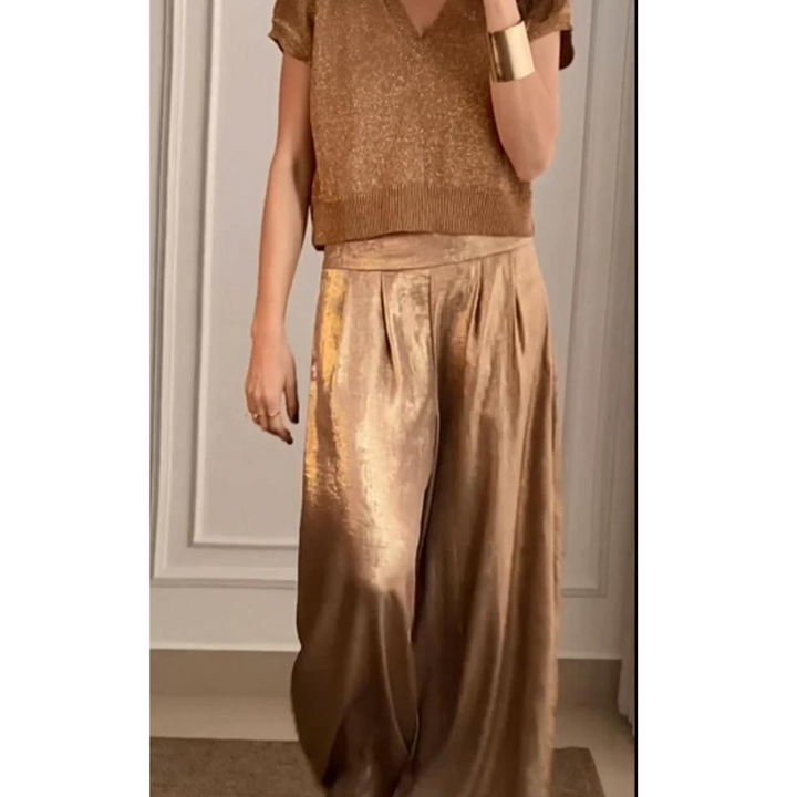 Camille | Women's Knit Top And Satin Wide Leg Set