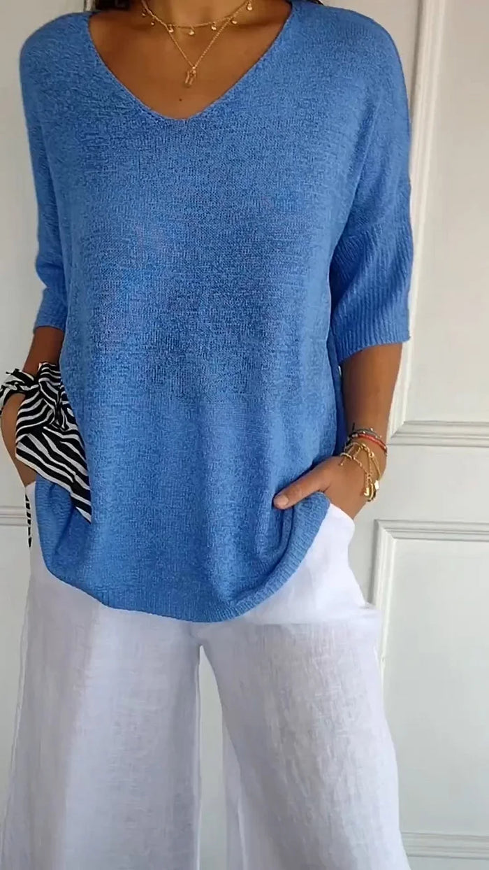 Elowen | Women's Textured V-Neck 3/4 Sleeve Knit Top