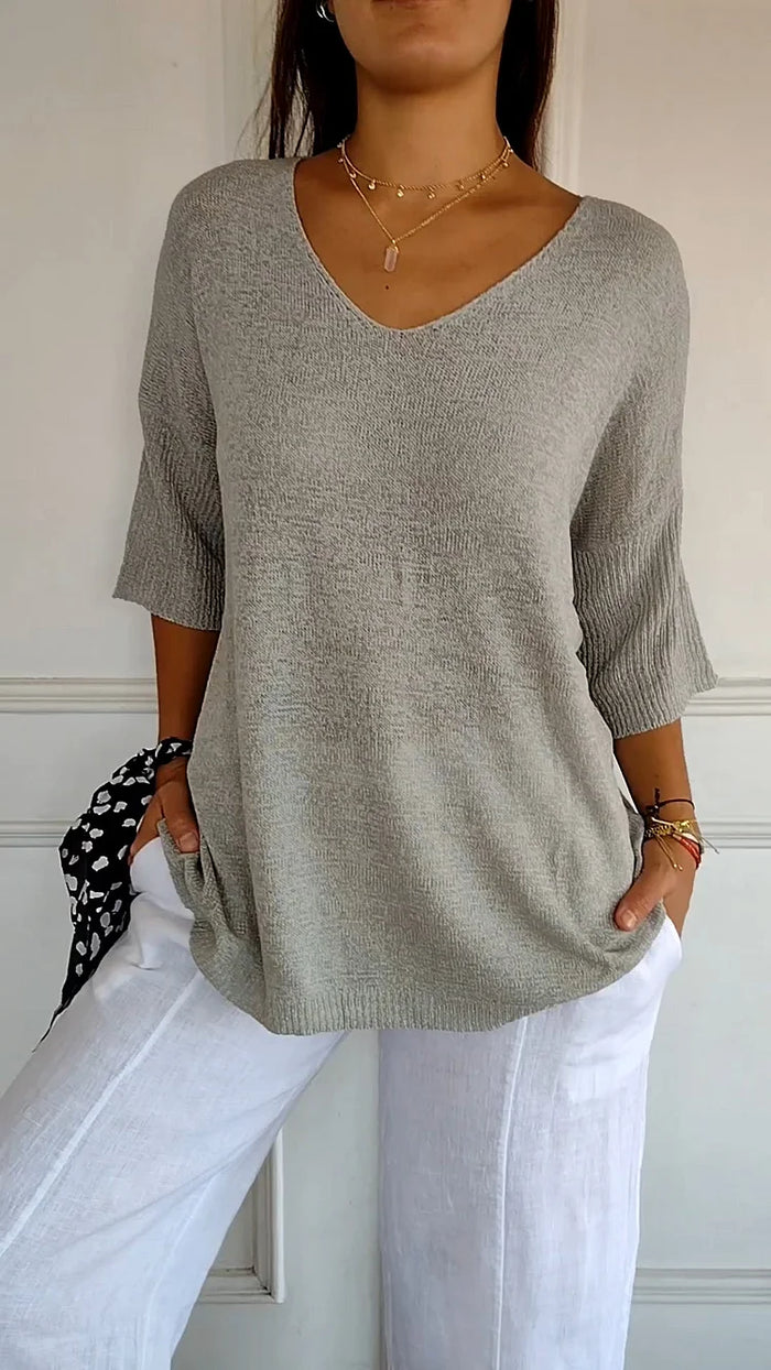Elowen | Women's Textured V-Neck 3/4 Sleeve Knit Top