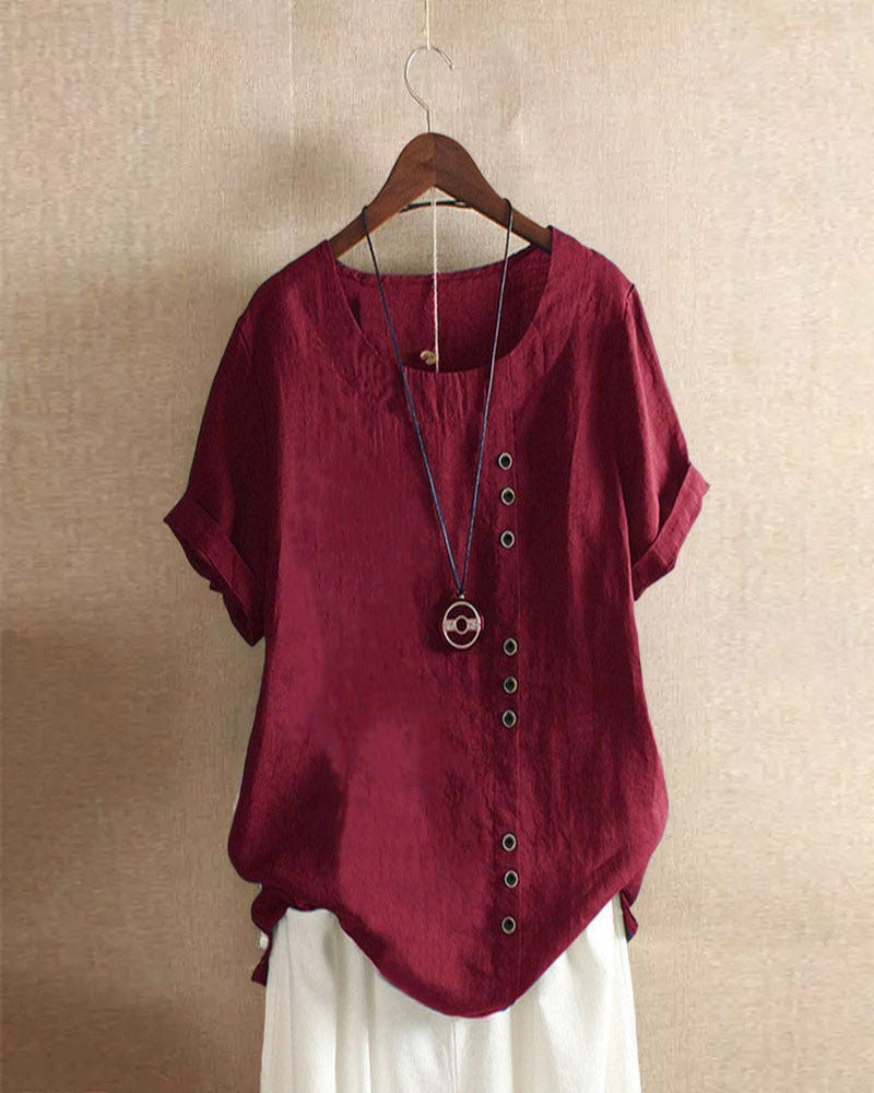 Elin | Women's Linen Button Detail Relaxed Fit Tunic Blouse