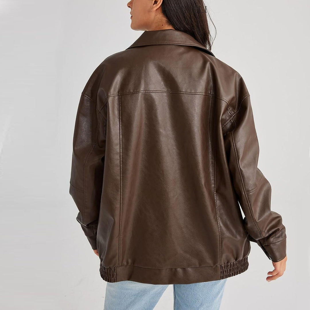 Ava | Women's Relaxed Fit Leather Zip-Up Bomber Jacket