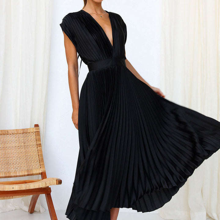 Alessia | Women's Pleated V-Neck Mid-Length Flowing Dress