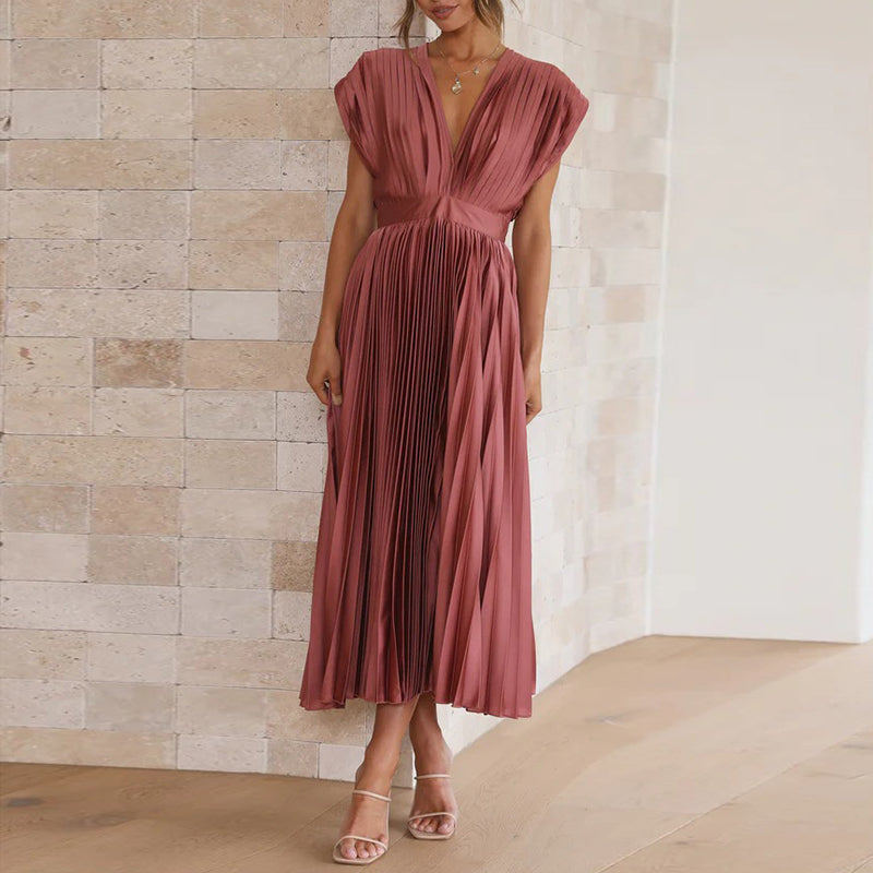 Alessia | Women's Pleated V-Neck Mid-Length Flowing Dress
