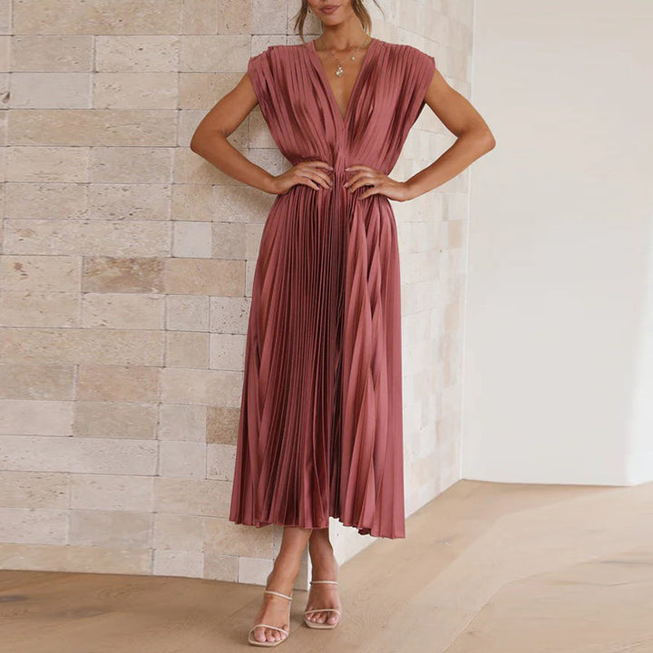 Alessia | Women's Pleated V-Neck Mid-Length Flowing Dress