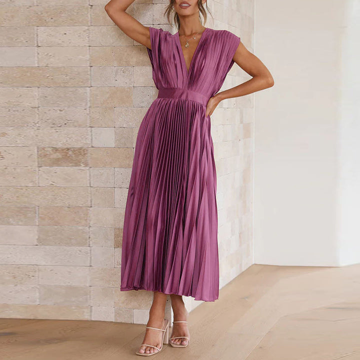 Alessia | Women's Pleated V-Neck Mid-Length Flowing Dress