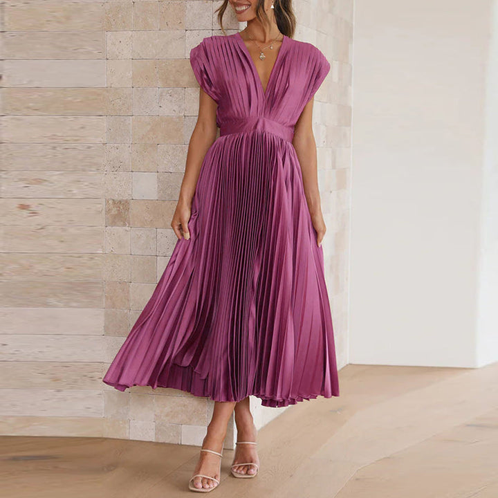 Alessia | Women's Pleated V-Neck Mid-Length Flowing Dress