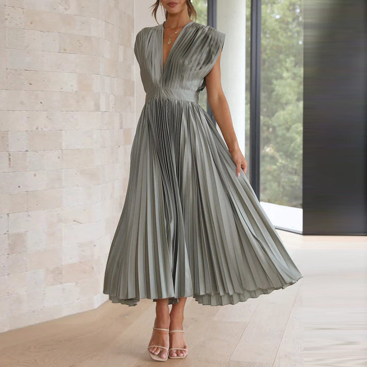 Alessia | Women's Pleated V-Neck Mid-Length Flowing Dress