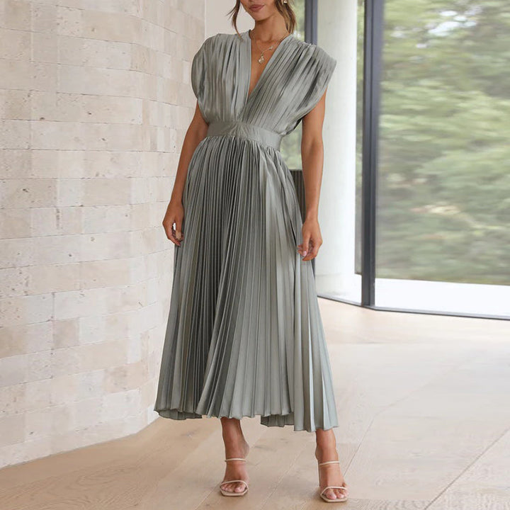 Alessia | Women's Pleated V-Neck Mid-Length Flowing Dress