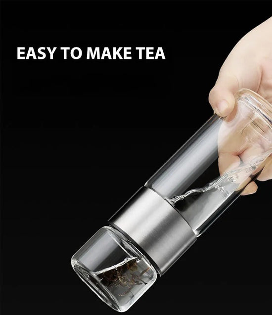 Insulated Water Bottle Glass with Tea Filter – 13.5 fl oz, Portable, Leakproof & Thermal for Hot and Cold Drinks