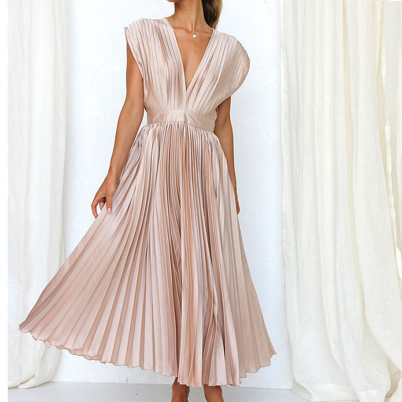 Alessia | Women's Pleated V-Neck Mid-Length Flowing Dress