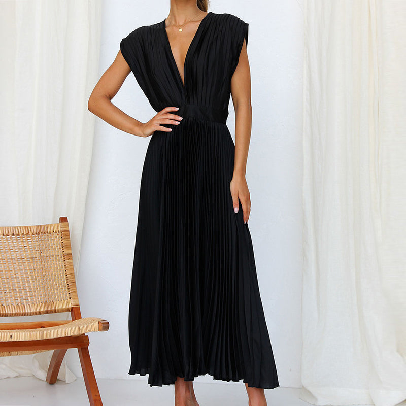 Alessia | Women's Pleated V-Neck Mid-Length Flowing Dress
