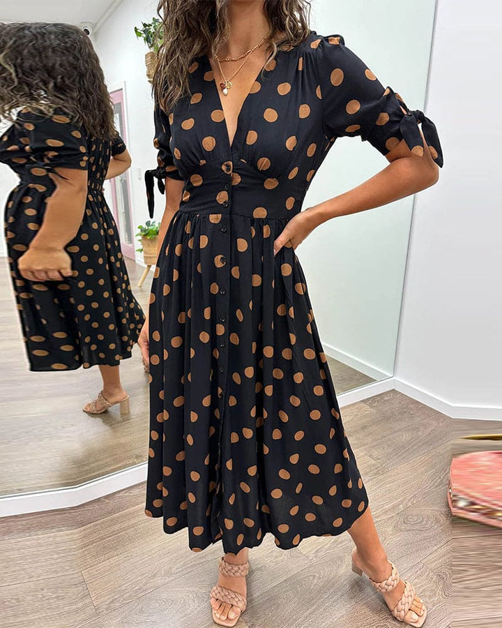 Lucienne | Women's Polka Dot V-Neck Buttoned Midi Dress
