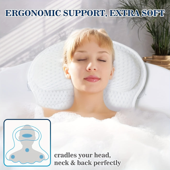 Bath Pillow 4D Air Mesh Non-Slip – Neck & Back Support, Quick Dry & Machine Washable for Bathtub Comfort