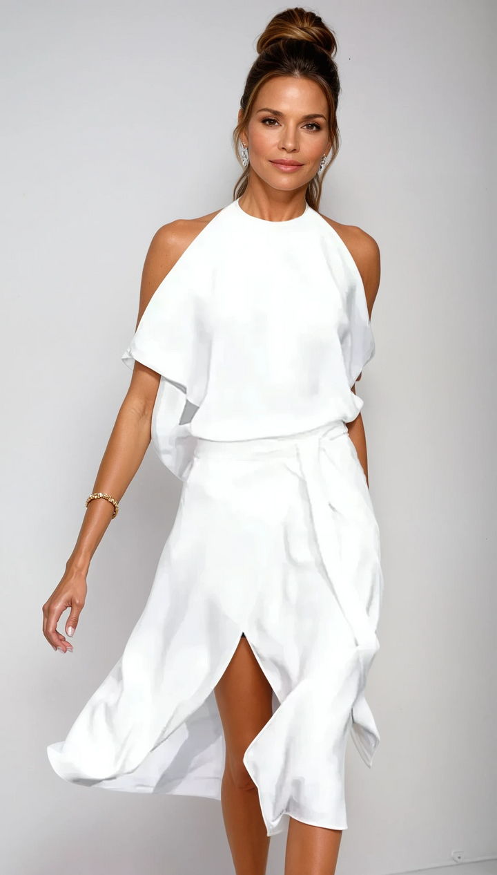 Elira | Women's Halter Neck Flowing Midi Dress With Split