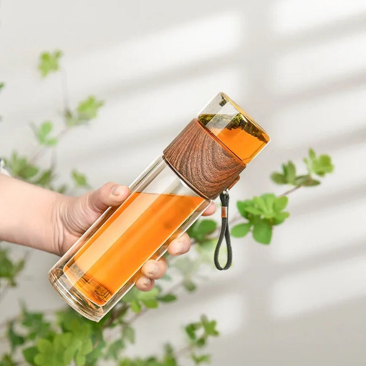 Insulated Water Bottle Glass with Tea Filter – 13.5 fl oz, Portable, Leakproof & Thermal for Hot and Cold Drinks