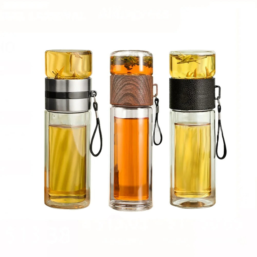 Insulated Water Bottle Glass with Tea Filter – 13.5 fl oz, Portable, Leakproof & Thermal for Hot and Cold Drinks