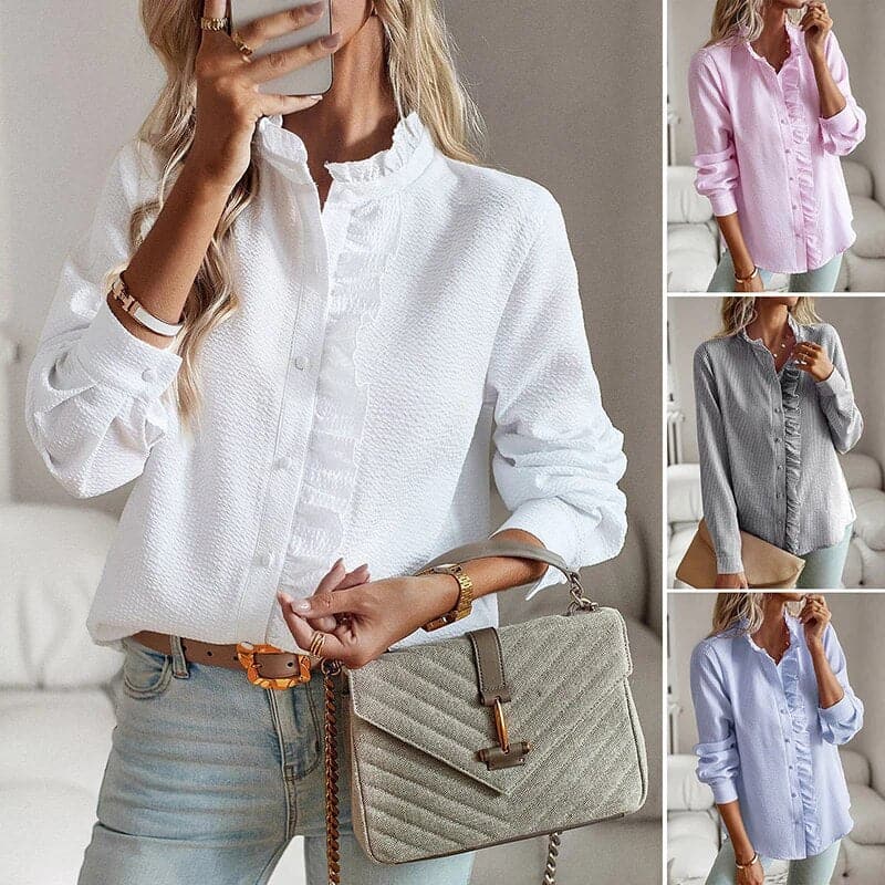 Celestia | Women's Textured Ruffle Detail Button Blouse