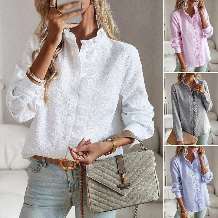 Celestia | Women's Textured Ruffle Detail Button Blouse