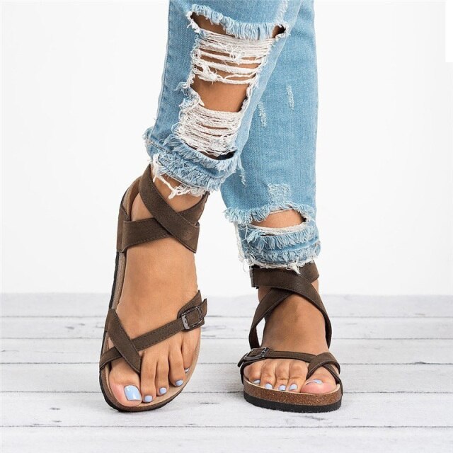 Elowen | Women's Cross Strap Open Toe Flat Sandals