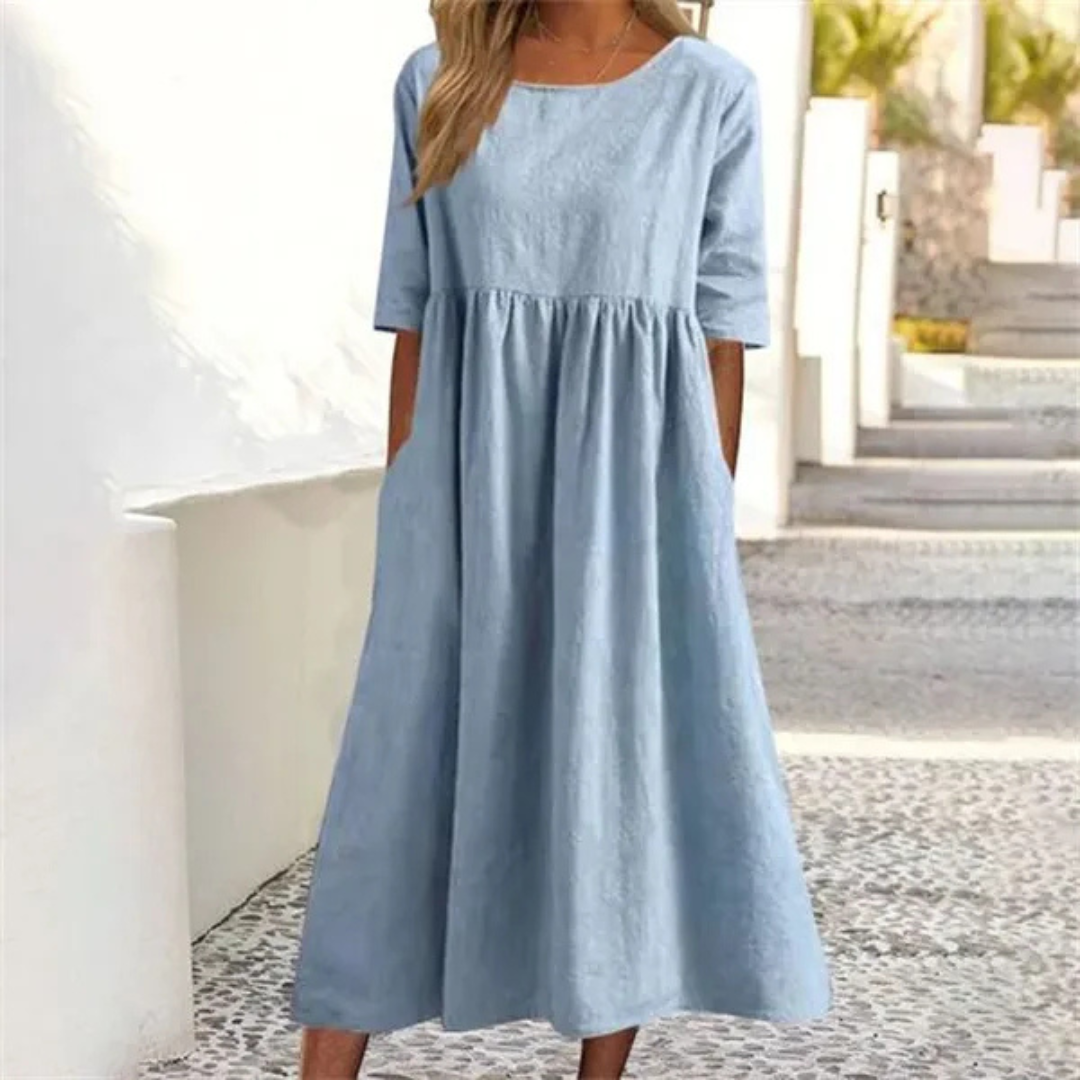 Elowen | Women's Round Neck Relaxed A-Line Midi Dress