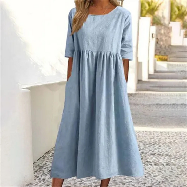 Elowen | Women's Round Neck Relaxed A-Line Midi Dress