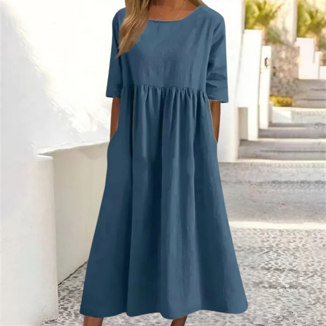 Elowen | Women's Round Neck Relaxed A-Line Midi Dress
