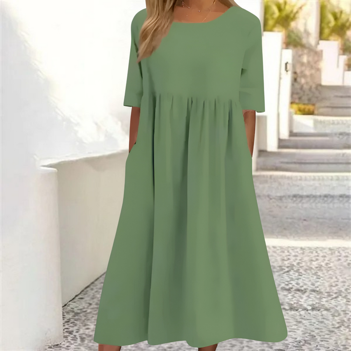 Elowen | Women's Round Neck Relaxed A-Line Midi Dress