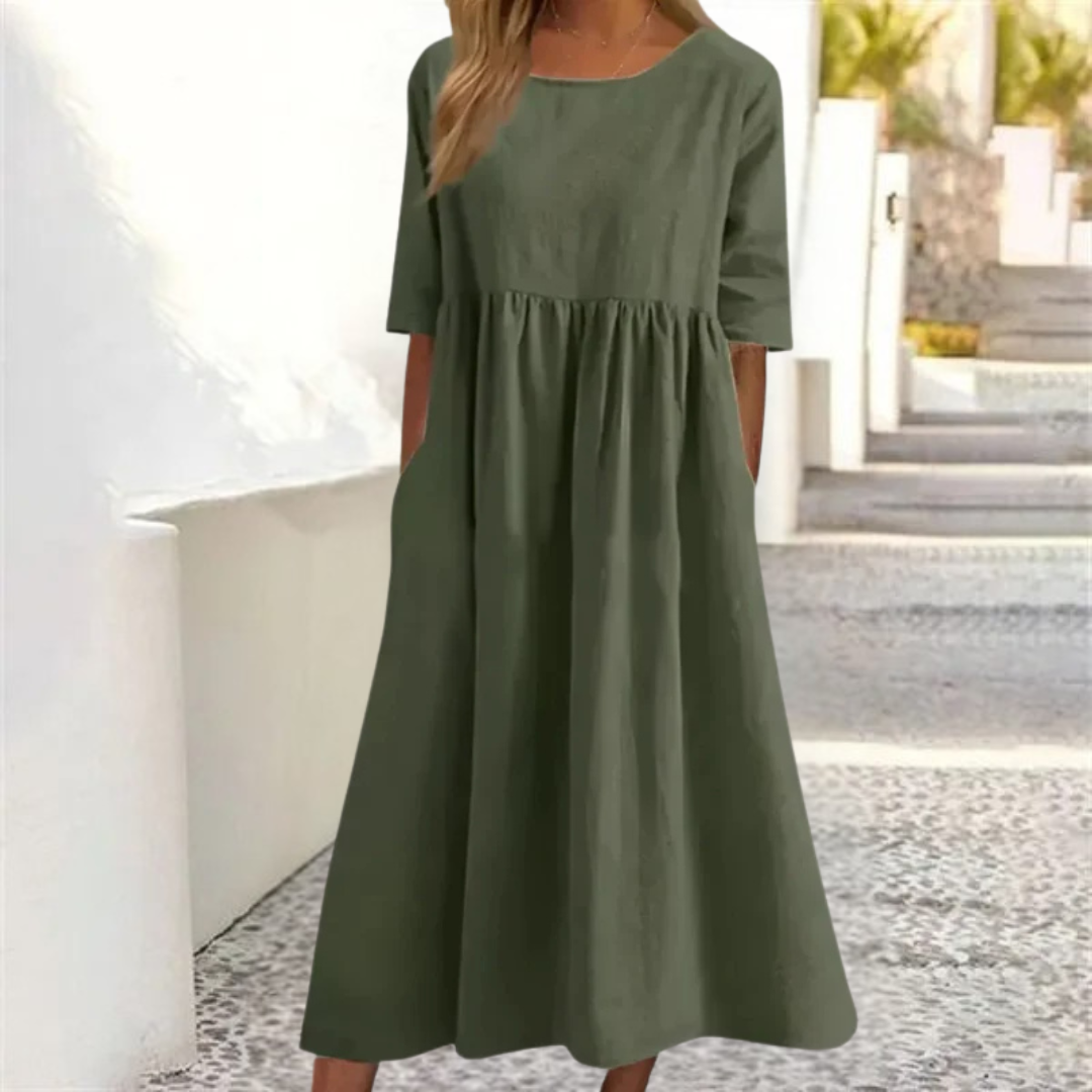 Elowen | Women's Round Neck Relaxed A-Line Midi Dress