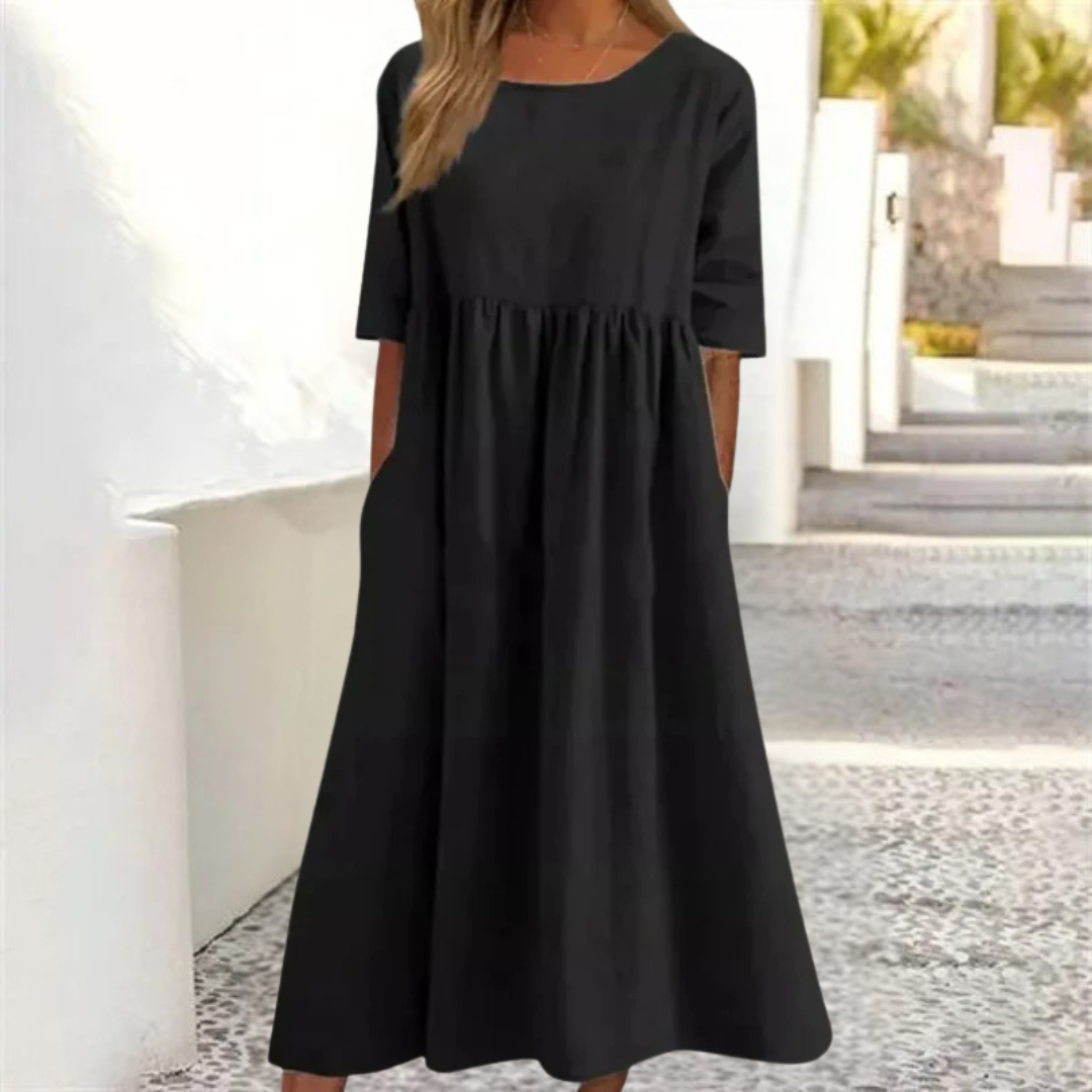 Elowen | Women's Round Neck Relaxed A-Line Midi Dress