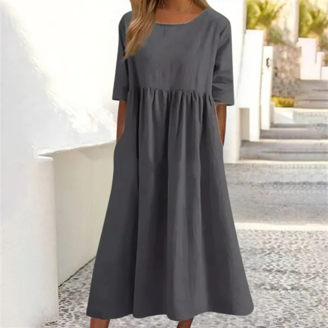 Elowen | Women's Round Neck Relaxed A-Line Midi Dress