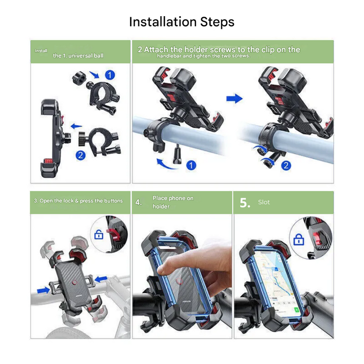 Bicycle Phone Mount 360 Rotation Secure Fit Universal Handlebar Clamp