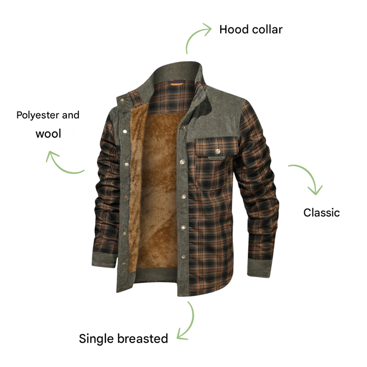 Men's Checked Outdoor Jacket Lightweight Warm Casual Wool-Blend Coat