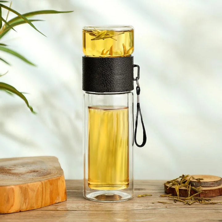 Insulated Water Bottle Glass with Tea Filter – 13.5 fl oz, Portable, Leakproof & Thermal for Hot and Cold Drinks
