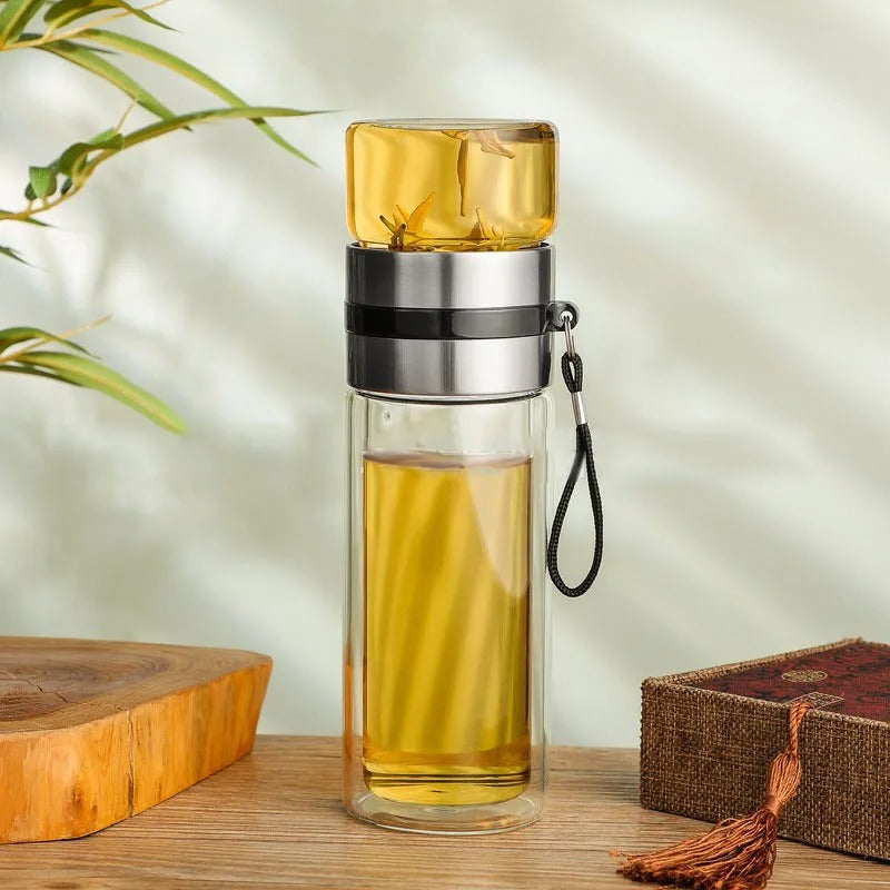Insulated Water Bottle Glass with Tea Filter – 13.5 fl oz, Portable, Leakproof & Thermal for Hot and Cold Drinks