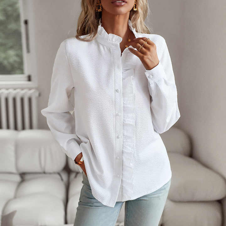 Celestia | Women's Textured Ruffle Detail Button Blouse