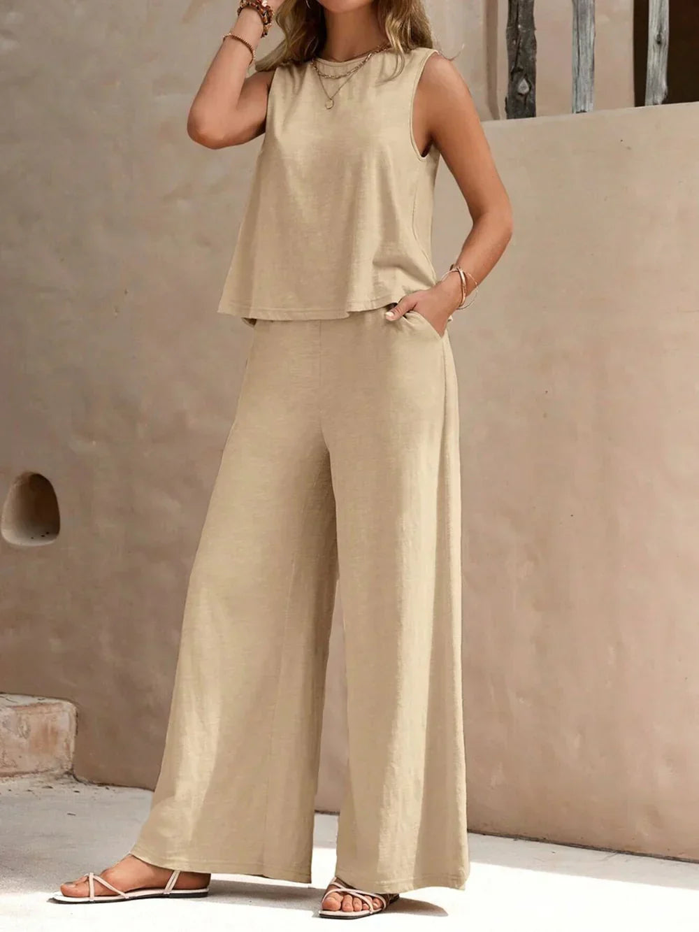 Calista | Women's Sleeveless Top And Wide-Leg Trouser Set